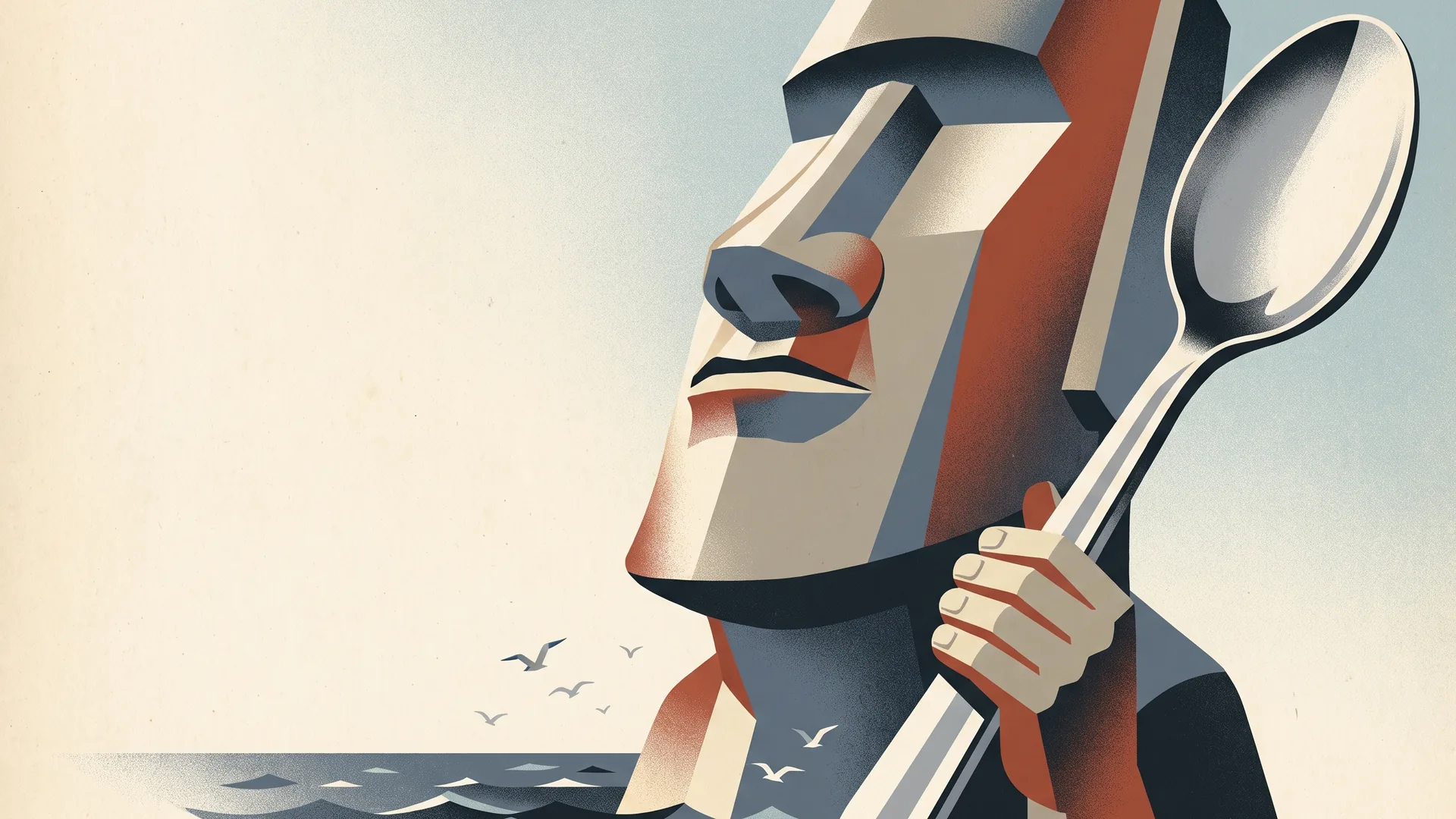 A towering Easter Island stone head, drawn as a 1930s Art Deco poster, grips a giant steel spoon above the sea while seagulls wheel below.